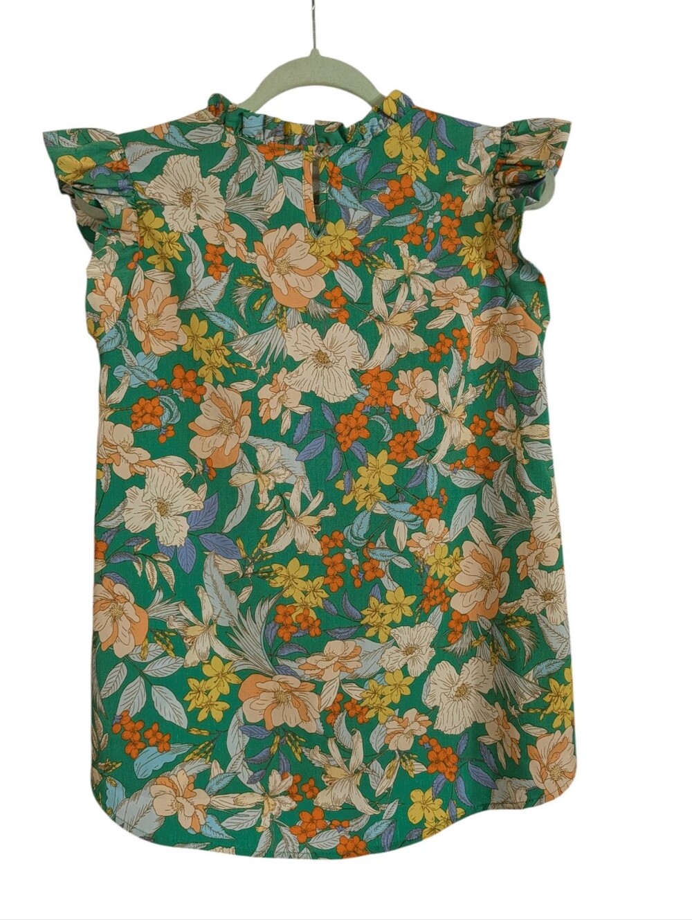 Les Amis Floral Flutter Sleeve Blouse Small Teal Ruffle Neck Cottagecore Top - Picture 4 of 7